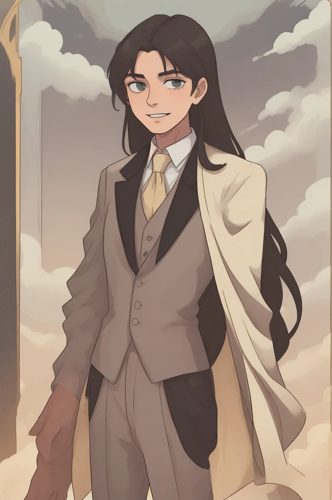 A tall well-built man, older man, with really long straight black hair falling past his shoulders, verdant green steely eyes, older complexion, smiling softly. wearing a grey three-piece suit and tuxedo, embroidered with golden thread and metals, standing in front of a bright yellow sky, standing by himself, smiling onwards