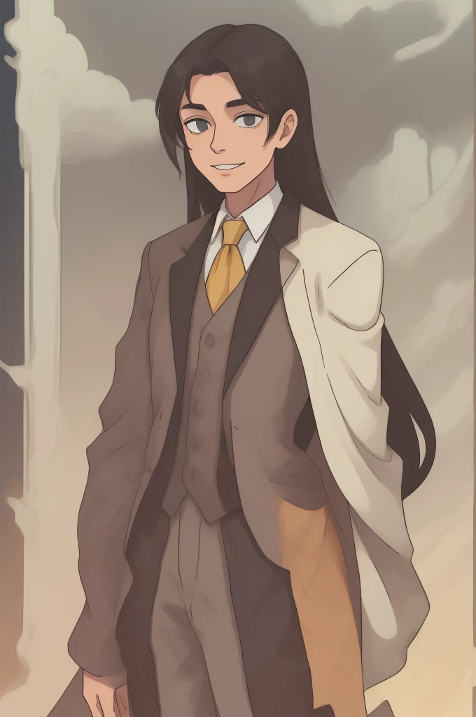 A tall well-built man, older man, with really long straight black hair falling past his shoulders, verdant green steely eyes, older complexion, smiling softly. wearing a grey three-piece suit and tuxedo, embroidered with golden thread and metals, standing in front of a bright yellow sky, standing by himself, smiling onwards