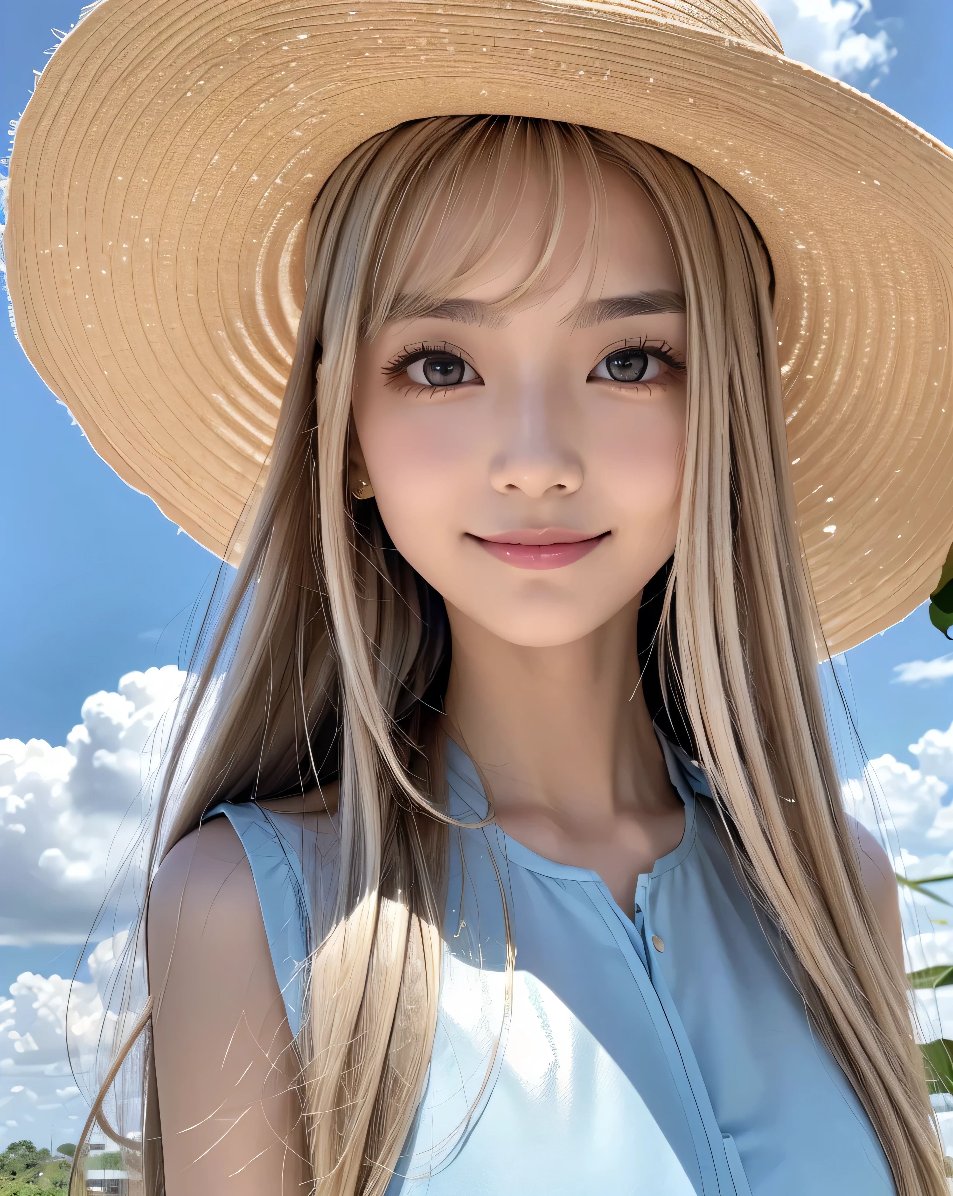 (Highest quality, 32k, High resolution, Masterpiece:1.5, ), marimo_jet, god々A photograph with brilliant dazzling and healing power., Evoking a sense of calm and elusive beauty, Expressing emotions, Have a rich imagination,Beautiful Japanese Girls, An exceptionally beautiful face, ((Full body shot:1.2)), Small Face Beauty, Perfect Human Anatomy, Magical big eyes, Motherhood and generosity, Deep Love, ((A fleeting smile:1.1)), ((Shiny ash beige hair:1.4)), Super Long Straight Silk Hair, Asymmetrical bangs, Hair between the eyes, Transparent, soft white skin, Sharp eyebrows, Thin lashes, Natural Makeup, Cheek highlighter, Pale pink detailed lips, ((Light blue inner camisole:1.3)), ((Straw hat:1.2)), High resolution perfect collarbone, High resolution beautiful bust, Slim figure with ample breasts, High resolutionの美しい太もも, ((Detailed blue sky and clouds in summer:1.2)), ((Beautiful Hibiscus:1.3)), Professional Lighting, Professional photographer, Professional models, God's Secret