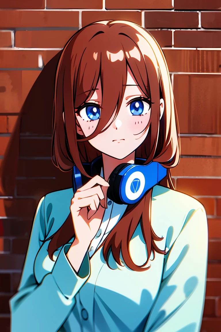 
best quality, masterpiece, highres, solo, {nakano_miku_gotoubunnohanayome:1.15}, long_hair, brown_hair, bangs, hair_between_eyes, blue_eyes, headphones_around_neck, headphones, blush, closed_mouth, shiny_hair, 1girl, open_mouth, shirt, upper_body, white_shirt, breasts, brick_wall, long_sleeves, shiny
