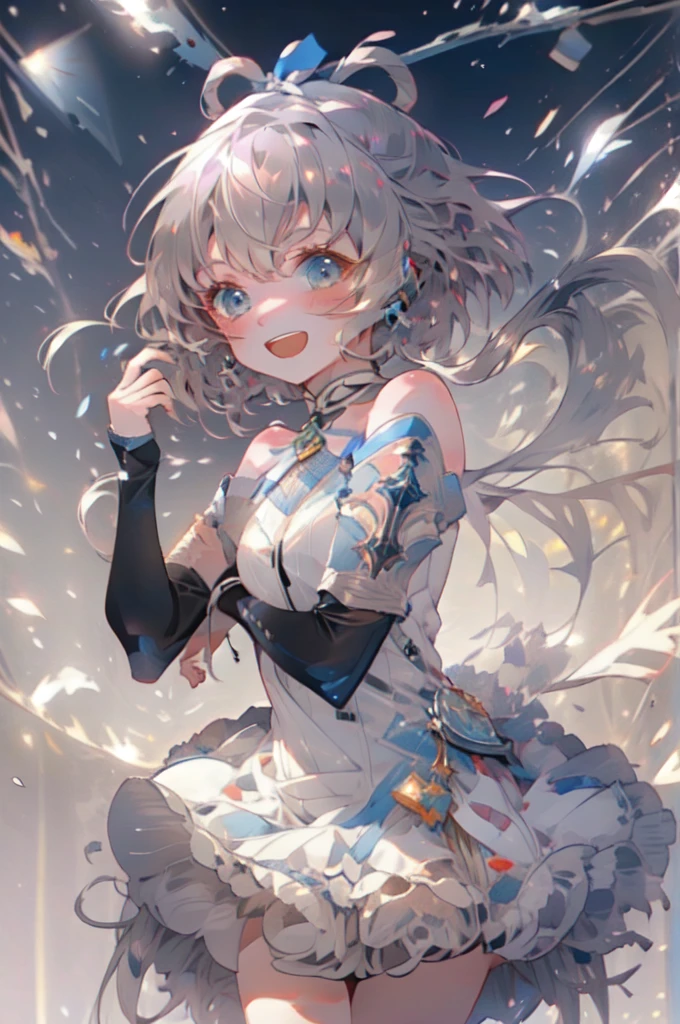 1girl, cowboy shot, on stage, idol, (battle preparation:1.2), luotianyi (koushiki), grey hair, open your mouth, (night:1.2), (short hair), twintails, mini dress, mini skirt, smiling, singing, highest quality, masterpiece, High resolution, absurdres, uhd