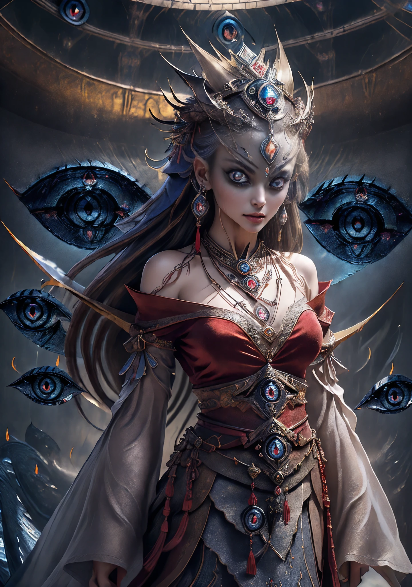 Best quality, masterpiece, ultra-detailed high resolution, (charming: 2.0), (very seductive hot eyes: 2.0), (realistic: 1.4), original photos, illustrations, wanjian, multiple weapons (luminous weapons) 1 girl dancing, (Solo: 1.2), (Cowboy Lens: 1.2), (Hair Crown: 1.2), Chinese Dunhuang Traditional Costumes, (Red Eyeliner: 1.2), (Evil: 1.4), (V-Neck: 1.5), (Large Necklace: 1.4), Lace Armor, (Evil Eye: 2.0), (Audience: 1.5), Earrings, Dynamic Angle, Opera House, messy_long_hair, Ink, Cinema Lighting, lens_flare, Velvet, Tassels, Ribbons, Color Embroidery, white gold red,