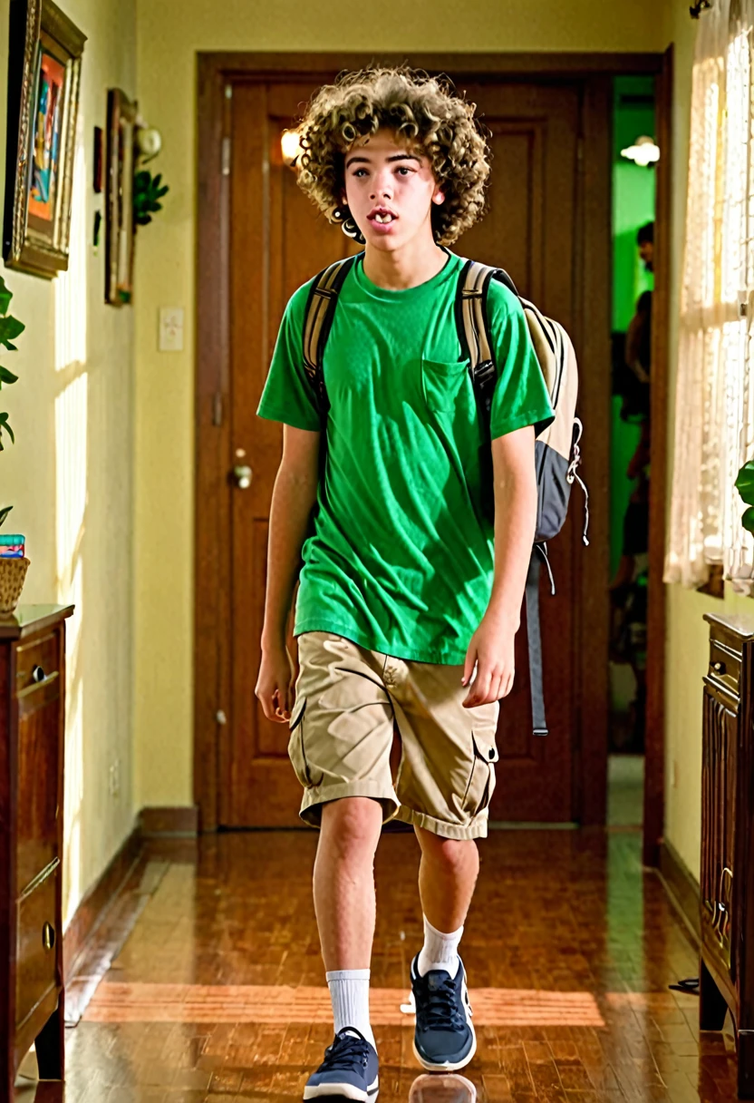 three cute young short beautiful straight masculine cute innocent ugly nerdy 15 year old novinho babyface boy with curly hair, straight hair, braces, big lips, high school freshman, wearing a green tshirt and tight khaki shorts and a backpack, walking in a living room, candid, wide angle lens, from behind, plump, collage image, wedgie, from behind, tv show lighting, soap opera lighting 