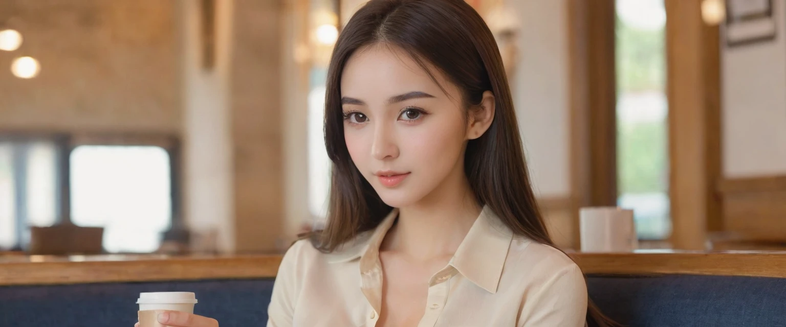 Create an image of a young woman with an oval face and clear, smooth, fair skin. She has thick, well-defined, slightly arched dark brown eyebrows and large, expressive dark brown eyes with long, thick eyelashes. Her nose is straight and proportional to her face. Her lips are full, with the upper lip being slightly thinner than the lower lip. She has long, straight, dark brown hair that falls over her right shoulder. She has a fit body with a slim waist, large breasts, and a pronounced buttocks.
The young woman is sitting in a modern, cozy café, with a book in one hand and a cup of coffee in the other. She is wearing a long-sleeved cream-colored blouse and fitted jeans. Her long eyelashes cast shadows on her cheeks as she reads intently.
