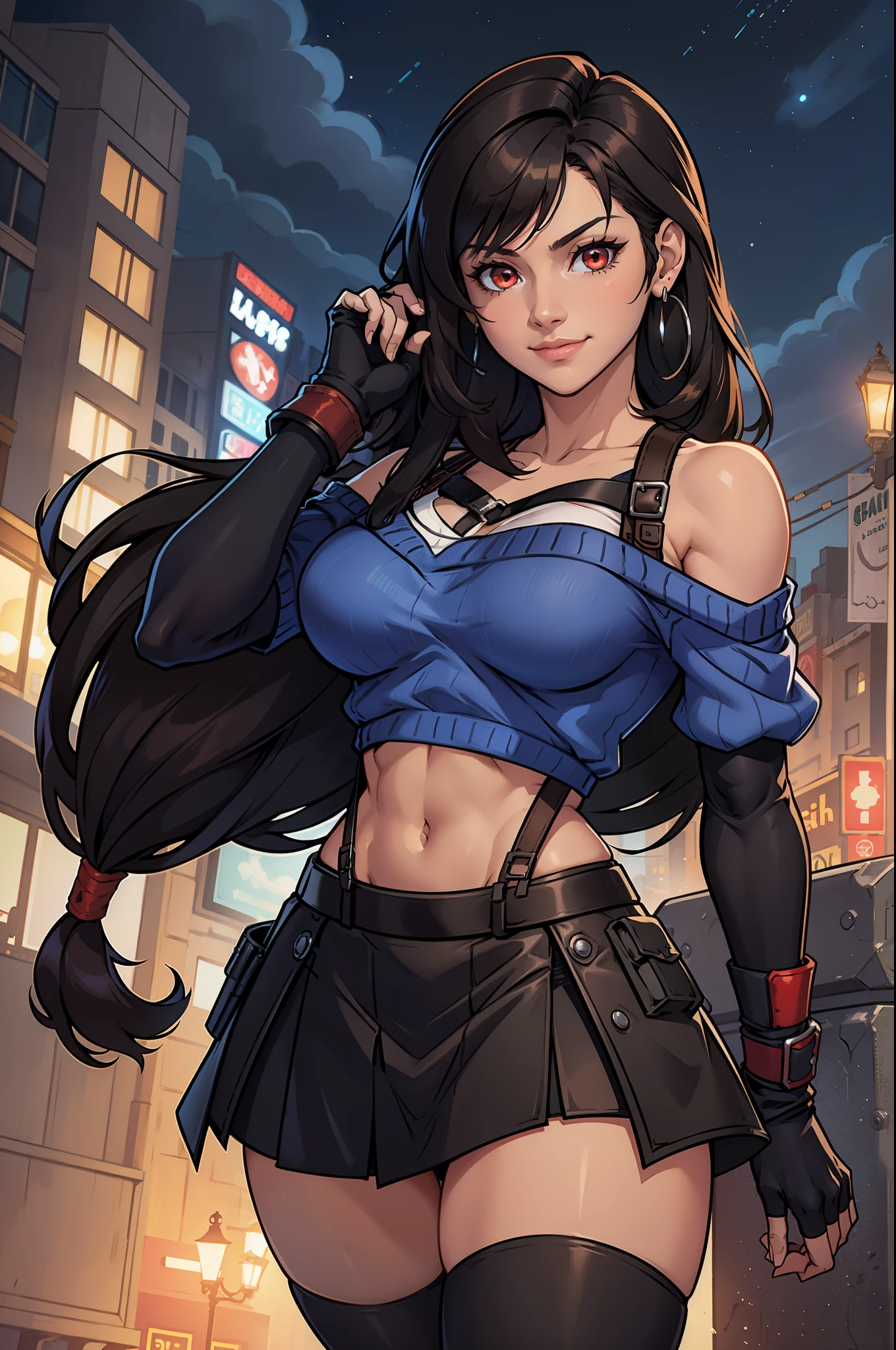 perfect eyes:1.2, detailed eyes:1.4, smile, hand on hip, night, city, metTifa, red eyes, navel, low-tied long hair, earrings, cropped sweater, blue sweater, off-shoulder, short sleeves, suspender skirt, elbow gloves, armored legwear, medium full shot, thigh-level shot, 1girl,(masterpiece:1.6, best quality),
