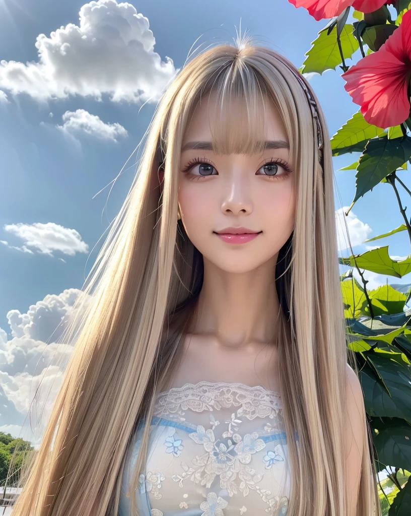 (Highest quality, 32k, High resolution, Masterpiece:1.5, ), marimo_jet, god々A photograph with brilliant dazzling and healing power., Evoking a sense of calm and elusive beauty, Expressing emotions, Have a rich imagination,Beautiful Japanese Girls, An exceptionally beautiful face, ((Full body shot:1.4)), Small Face Beauty, Perfect Human Anatomy, Magical big eyes, Motherhood and generosity, Deep Love, ((A fleeting smile:1.1)), ((Shiny ash beige hair:1.4)), Super Long Straight Silk Hair, Asymmetrical bangs, Hair between the eyes, Transparent, soft white skin, Sharp eyebrows, Thin lashes, Natural Makeup, Cheek highlighter, Pale pink detailed lips, ((Light blue inner camisole:1.3)), High resolutionの完璧な鎖骨, High resolutionの美しい胸元, Slim figure with ample breasts, High resolutionの美しい太もも, ((Detailed blue sky and clouds in summer:1.2)), ((Beautiful Hibiscus:1.3)), Professional Lighting, Professional photographer, Professional models, god秘的