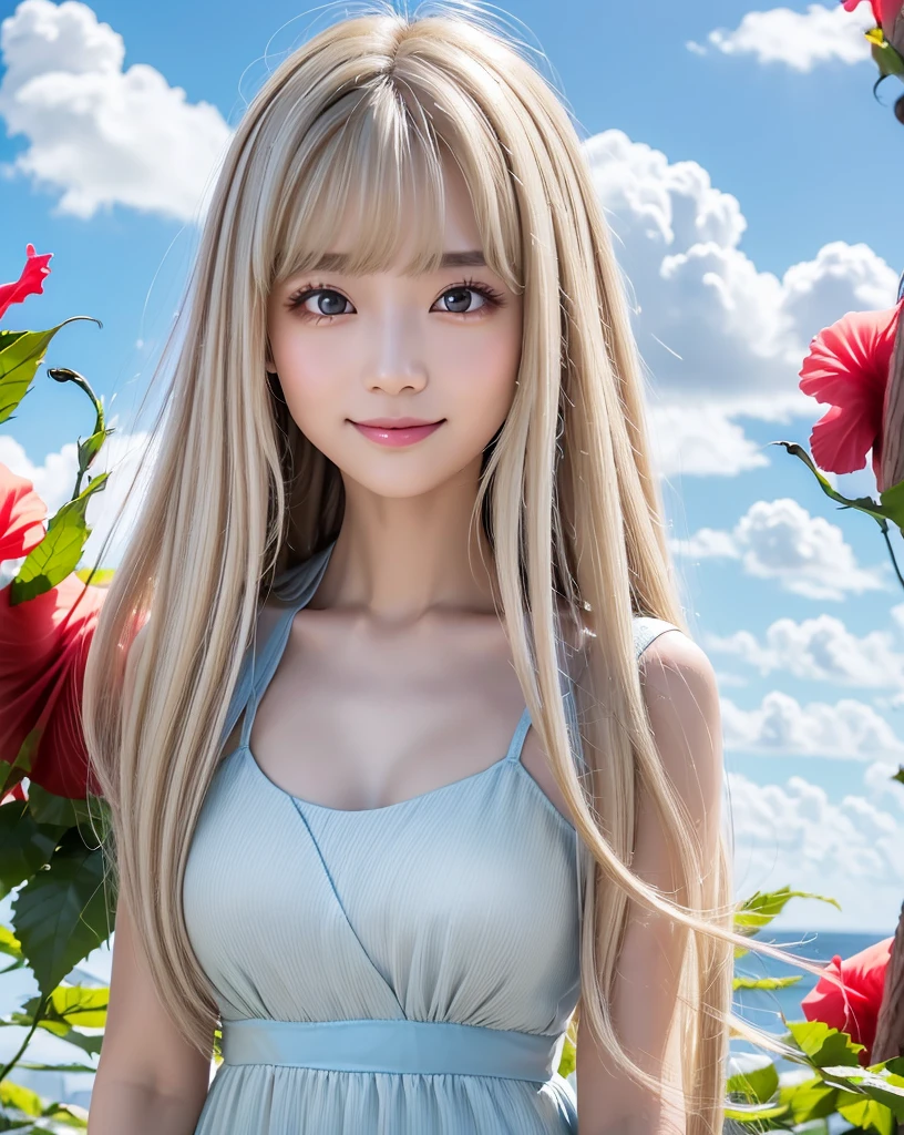 (Highest quality, 32k, High resolution, Masterpiece:1.5, ), marimo_jet, god々A photograph with brilliant dazzling and healing power., Evoking a sense of calm and elusive beauty, Expressing emotions, Have a rich imagination,Beautiful Japanese Girls, An exceptionally beautiful face, ((Full body shot:1.4)), Small Face Beauty, Perfect Human Anatomy, Magical big eyes, Motherhood and generosity, Deep Love, ((A fleeting smile:1.1)), ((Shiny ash beige hair:1.4)), Super Long Straight Silk Hair, Asymmetrical bangs, Hair between the eyes, Transparent, soft white skin, Sharp eyebrows, Thin lashes, Natural Makeup, Cheek highlighter, Pale pink detailed lips, ((Light blue inner camisole:1.3)), High resolutionの完璧な鎖骨, High resolutionの美しい胸元, Slim figure with ample breasts, High resolutionの美しい太もも, ((Detailed blue sky and clouds in summer:1.2)), ((Beautiful Hibiscus:1.3)), Professional Lighting, Professional photographer, Professional models, god秘的