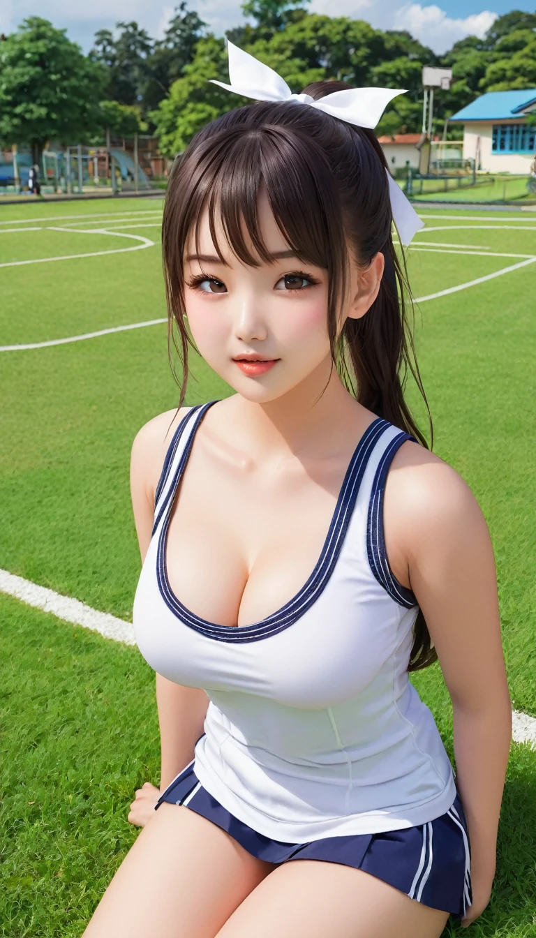 {{{{{16k,Ultra High-resolution realistic photograph of neat virgin first-year junior high school girl's in School-designated gym uniform with junior high ribbon as pretty as a actress in Grass schoolyard, She's in the first year of middle school, but she's too well developed, her F-cup cleavage tits are too beautiful, Her bra is showing through under her gym clothes, Running makes her sway so much it's embarrassing}}}}},{{Extremely detailed}},{{{{{dye her cheeks flush and integrated her head pure small, thick lips, Enchanting thick gross idol's Lips}}}}},{{{{{the bang ponytail hair}}}}},{{{{{She get more attractive and smoother her body, her expression and appearance are transformed into that of a pure, Her white tits are so fluffy, and are depicted in great detail, but her sex appeal from her cleavage fills the schoolyard, her bodyline and tits and hips are getting cuter and cuter, She has been reborn as a pretty one-in-a-thousand-year girl with a sparkling aura of cuteness}}}}}