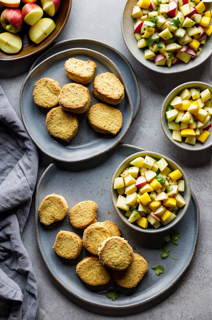 Nuggets fresh out of the oven on a plate, accompanied with mango salad, jicama and apple