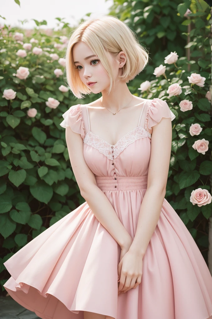 8K, CRU photo, Fujifilm, style photo of a beautiful young woman like Avril in a light pink rose garden (highly detailed skin: 1.2) Style-Petal BREAK short hair, blonde hair with colored highlights, wearing a dress, film grain, 35mm, cute style