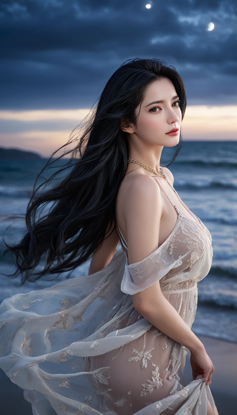 4K resolution,8K resolution,beautiful,Highest quality,Absolutely wonderful,Very detailed,Ultra-high resolution,masterpiece,Realistic,Realistic,Increased depth of field,Cinematic Light,
One elegant mature woman,
Long black hair,精巧なディテールのbeautiful顔,Moist eyes,Sensual look,Transparent white skin,Very sensitive skin,Great proportions,Glamorous Body,Anatomically correct body,
Elegant Summer Beach Dress,Summery design,Beautifully detailed pattern,Detailed cloth texture,Gorgeous necklace romantic seaside scenery,Dark night sky,Coastline stretching to the horizon,Deserted beach,Dark sea surface,
Cinematic Angle,