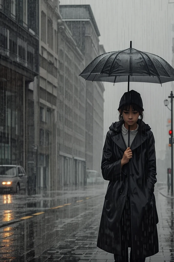 The image may be an illustration of a rainy afternoon, with a young person in the rain, showing a melancholic expression. In the background, you can see a gray and gloomy landscape that reflects the tone of the poem.