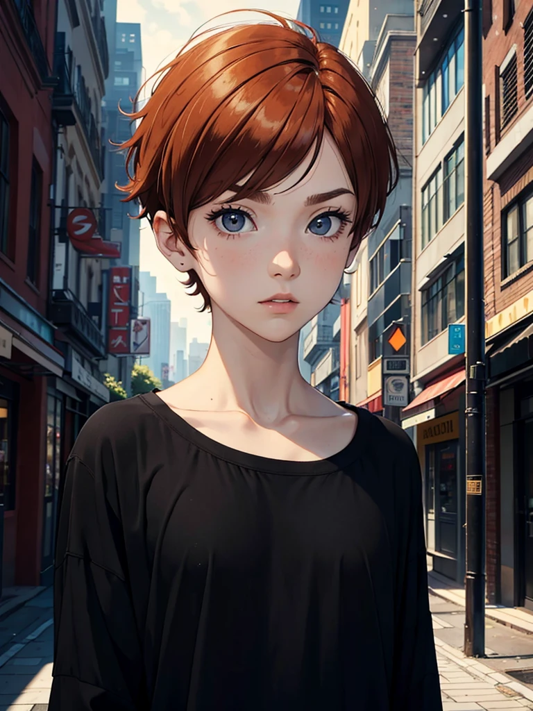 A short boy, short ginger hair, black eyes, thin eyebrows, wearing closed black clothes, city, high res, masterpiece, 8K, full growth, looking to a viewer
