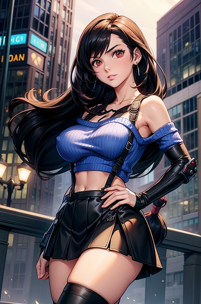 perfect eyes:1.2, detailed eyes:1.4, serious, hand on hip, night, city, metTifa, red eyes, large breasts, low-tied long hair, earrings, cropped sweater, blue sweater, off-shoulder, short sleeves, suspender skirt, elbow gloves, armored legwear, medium full shot, thigh-level shot, 1girl,(masterpiece:1.6, best quality),