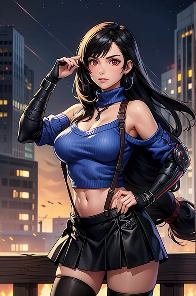 perfect eyes:1.2, detailed eyes:1.4, serious, hand on hip, night, city, metTifa, red eyes, large breasts, low-tied long hair, earrings, cropped sweater, blue sweater, off-shoulder, short sleeves, suspender skirt, elbow gloves, armored legwear, medium full shot, thigh-level shot, 1girl,(masterpiece:1.6, best quality),
