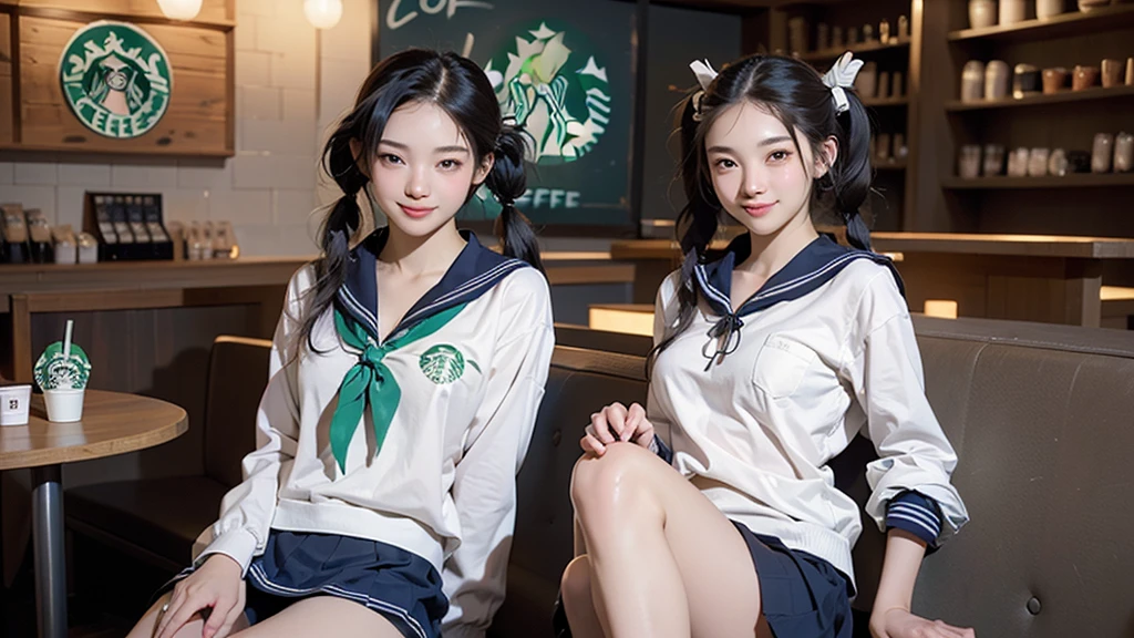 (masterpiece:1.2, Highest quality), (Realistic, photoRealistic:1.4), Beautiful illustrations, 
View your viewers, avert your eyes, whole body,
1 Girl, Japanese, high school girl, (Long Hair:1.4), bLong Hair, (Twin tails:1.7), Large Breasts:0.8, White skin、Beautiful Hair, Beautiful Face, Beautiful attention to detail, Beautiful clavicle, Beautiful body, Beautiful breasts, Beautiful thighs, Beautiful feet, 
(Beautiful views), , classroom, machine, Chair, 
((cute , Long sleeve, Pleated skirt, Sailor collar, scarf)), White panties, shoes, 
Sitting, Chairに座る, 
(魅惑的なsmile, Embarrassing, Trembling),

(((((Inside the Starbucks store、16 year old girl in sailor suit)))))、((((Eat cake、Drink coffee、smile))))、Heart Necklace、
(((Emphasize cleavage)))
(whole body写真)
