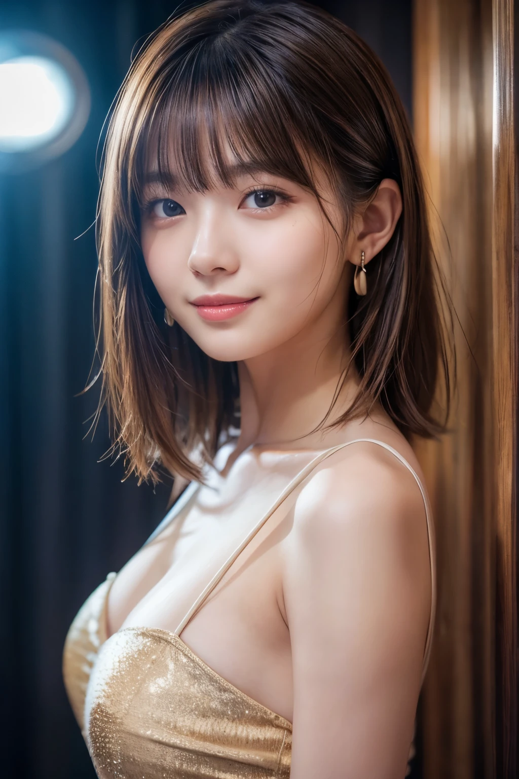 Upper Body、Beauty、Well-formed face、20-year-old、Uniform eyes、Small face、, light brown hair, hair over shoulder, parted bangs, straight hair, expressive hair, shiny hair, earrings, seductive smile, Upper body naked、Small Bust, Surrealism, cinematic lighting, first-person view, pov, f/1.2, Nikon, UHD, textured skin, best quality, highres, 8k