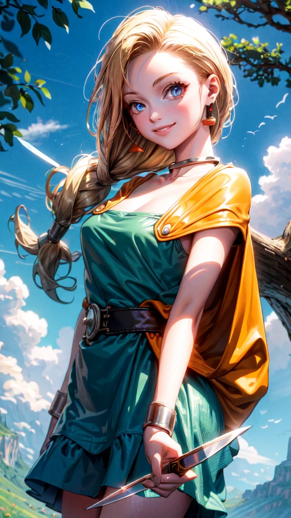 (Masterpiece, Best Quality:1.2), 1 Girl, Solo, 1girl, Bianca, DQ5, Illustration, Anime Style, Long Hair, Blonde Hair, Single Blade, Over Shoulder Hair, Blue Eyes, Smile,, Dress, Jewelry, Earrings, Choker, Cape, Bracelet, Nature, Outdoors, Blue Sky