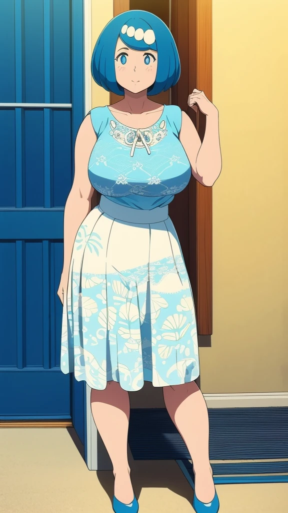 a cute hawaiian girl beautiful beautiful attraction big chest light blue hair short round wearing shell hair her bright blue eye she wears a white shirt yellow lace thread and her skirt blue pants long black heel
