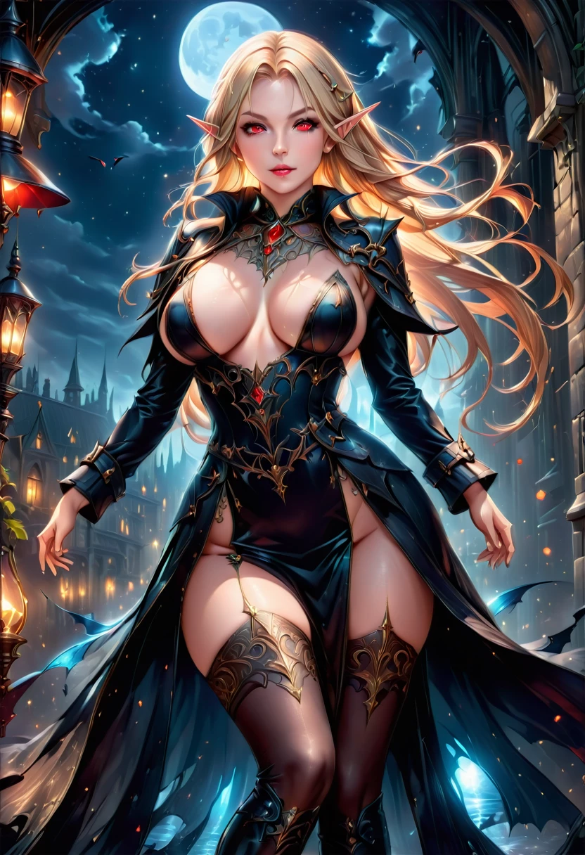 fantasy art, gothic art, (masterpiece:1.5), full body best details, highly detailed, best quality,  highres, full body portrait of a vampire, elf (Masterpiece, best quality: 1.6), ultra feminine, wizard, (intricate details, Masterpiece, best quality: 1.5) with a long curvy hair, blond hair, (red:1.3) eyes, (fantasy art, Masterpiece, best quality), ((beautiful delicate face)), Ultra Detailed Face (intricate details, fantasy art, Masterpiece, best quality: 1.5), (wearing elegant glamour open black trench coat: 1.3) , flowing black trench coat (intricate details, fantasy art, Masterpiece, best quality: 1.3), wearing an intricate (black: 1.2) dress (intricate details, fantasy art, Masterpiece, best quality: 1.5), high heeled boots, urban background (intense details, beat details), fantasy, at night light, natural ,moon light, clouds, gothic atmosphere, soft light, dynamic light, [[anatomically correct]], high details, best quality, 8k, [ultra detailed], masterpiece, best quality, (extremely detailed), dynamic angle, drkfntasy