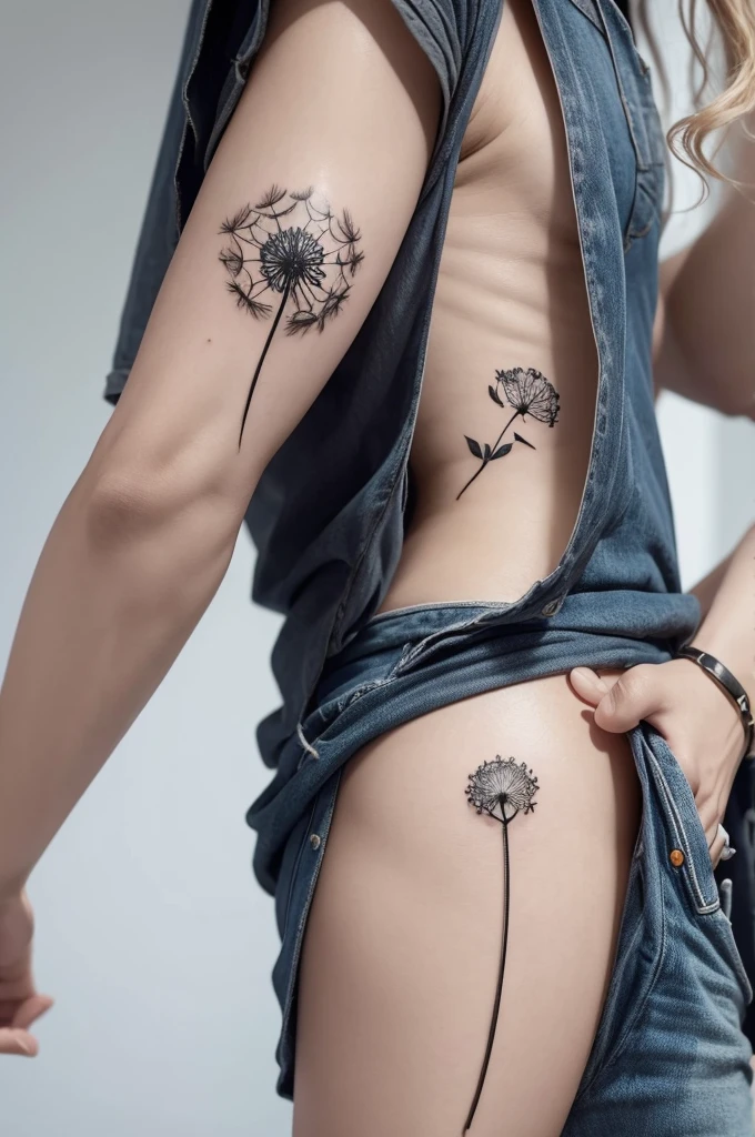 Realistic tattoo with dandelion flower along with the lemniscate symbol 