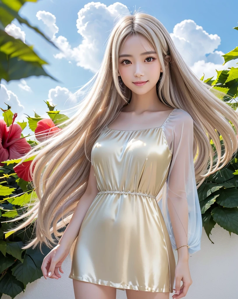 (Highest quality, 32k, High resolution, Masterpiece:1.5, ), marimo_jet, god々A photograph with brilliant dazzling and healing power., Evoking a sense of calm and elusive beauty, Expressing emotions, Have a rich imagination,Beautiful Japanese Girls, An exceptionally beautiful face, ((Full body shot:1.5)), Small Face Beauty, Perfect Human ???????, Magical big eyes, Motherhood and generosity, Deep Love, ((A fleeting smile:1.1)), ((Shiny ash beige hair:1.4)), Super Long Straight Silk Hair, Asymmetrical bangs, Hair between the eyes, Transparent, soft white skin, Sharp eyebrows, Thin lashes, Natural Makeup, Cheek highlighter, Pale pink detailed lips, ((Light blue inner camisole:1.3)), High resolutionの完璧な鎖骨, High resolutionの美しい胸元, Slim figure with ample breasts, High resolutionの美しい太もも, ((Detailed blue sky and clouds in summer:1.2)), ((Beautiful Hibiscus:1.3)), Professional Lighting, Professional photographer, Professional models, god秘的
