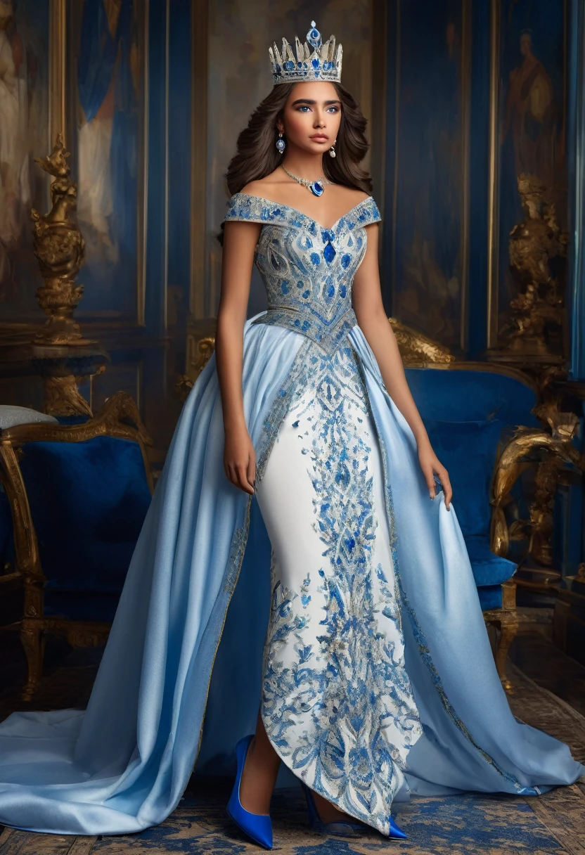 A breathtaking portrait of a young 20-year-old queen adorned with a magnificent crown. She wears a luxurious white and blue dress that accentuates her figure, paired with elegant blue heels. The queen's expression is confident and regal, her eyes full of wisdom and strength. The overall atmosphere of the image exudes grace, power and elegance.