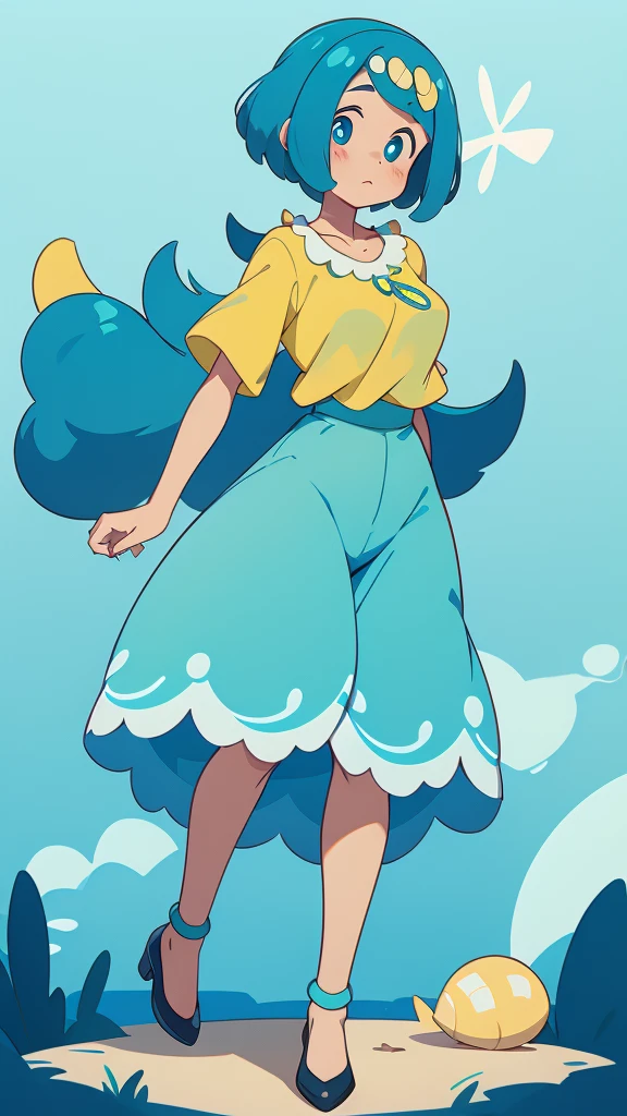 a cute hawaiian girl beautiful beautiful attraction big chest light blue hair short round wearing shell hair her bright blue eye she wears a white shirt yellow lace thread and her skirt blue pants long black heel