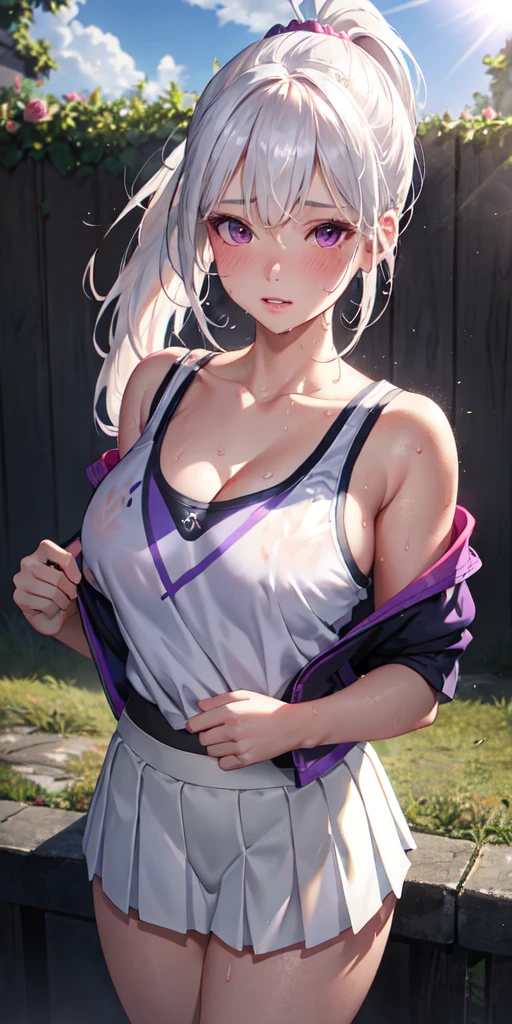 realistic, 1girl, ponytail, parted lips, blush, makeup, light smile, white hair, sportswear, skirt, wet clothes, glow, thighs, purple eye, bare shoulders, collarbone, narrow waist, sunbeam, sunlight, rose, wind, cleavage, (masterpiece), sweat,