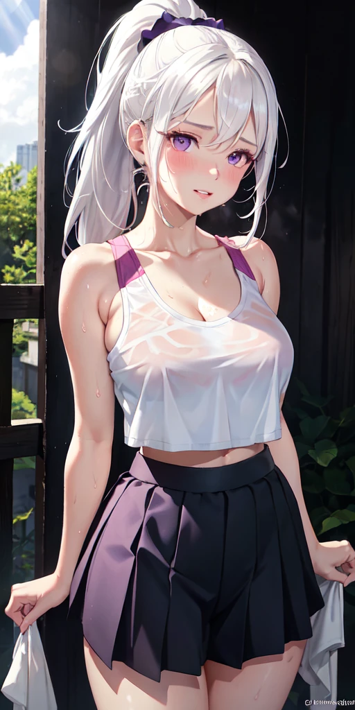 realistic, 1girl, ponytail, parted lips, blush, makeup, light smile, white hair, sportswear, skirt, wet clothes, glow, thighs, purple eye, bare shoulders, collarbone, narrow waist, sunbeam, sunlight, rose, wind, cleavage, (masterpiece), sweat,