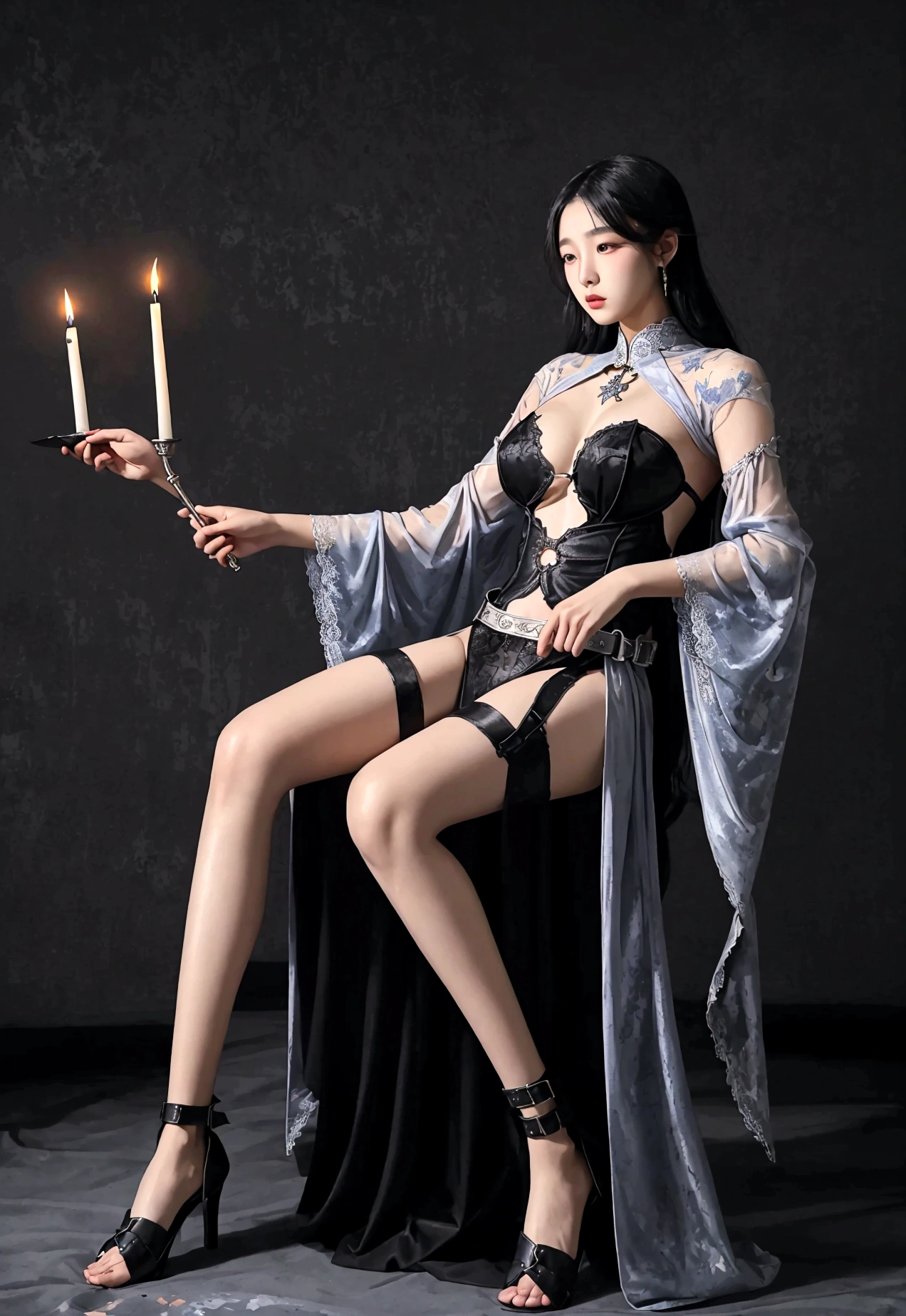 Colorful alcohol ink painting. Full body image of a female 18 year old stunning Korean, wearing a torn lace bodysuit with silver buckles and a long black lace veil and ritualistic silver jewellery  in a dark medieval castle enlightened with burning candles. 