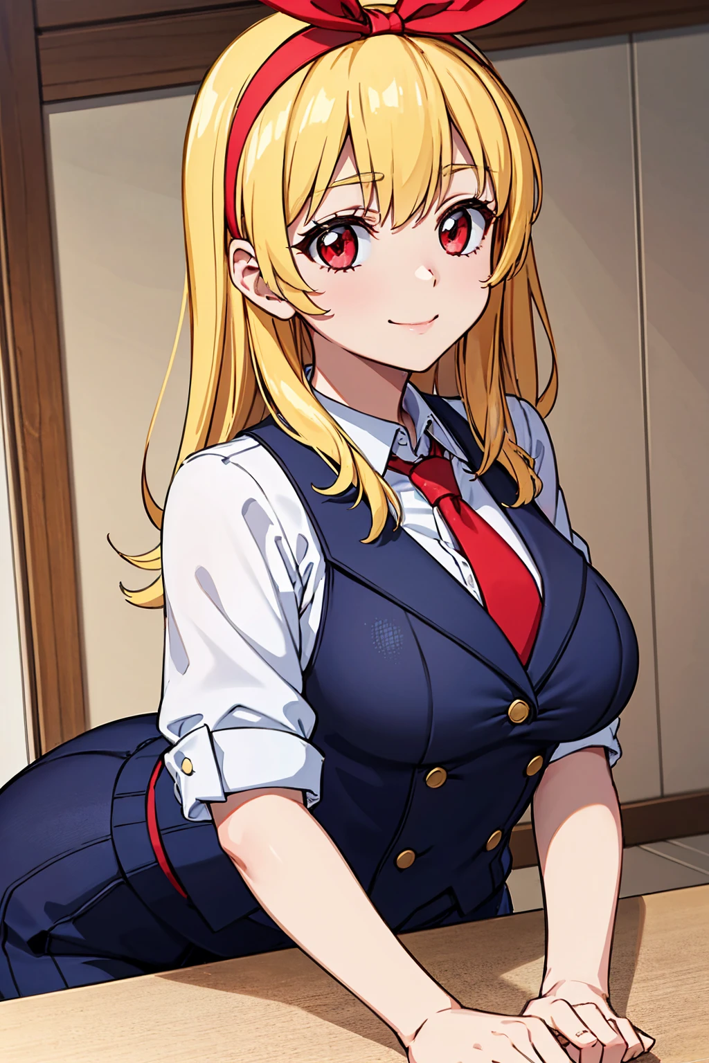 masterpiece, best quality, absurdres,
BREAK,
1 woman, RED eyes, solo, mediu_breasts,
{clear face,Ultra_Smile,HAPPY},
library:1.5, black slacks, black suits vest:1.5,
shiny blonde hair with straight collar,
(RED Ribbon on HAIRband:1.2),BREAK,
white collared shirt, sleeves rolled up:1.5,
BREAK,
red necktie,
{walking|sitting on chair|standing|squatting|hand in pocket|reclining|leaning forward|bent over| hand on own chin| facepalm| breast hold| crossed arms| hands on hips| interlocked fingers| hand on own cheek| head tilt| adjusting necktie| shushing},
{looking at viewer| looking away| looking back},
{ upper body| cowboy shot| feet out of frame |far from viewer | very close to viewers| wide shot}, {dynamic angle|dramatic angle|low angle|cinematic shot|from up side|intense angle|from side|from above| from below|upper body, cowboy shot,
