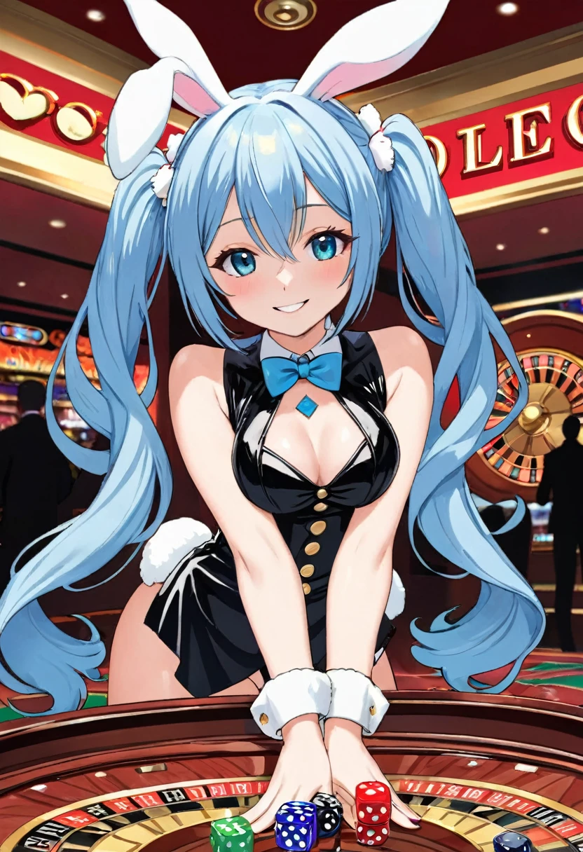 casino、Roulette Dealer、Light blue long hair、Beautiful girl with twin tails、Bunny Girl Costume、Bright smile、Throwing the dice on roulette