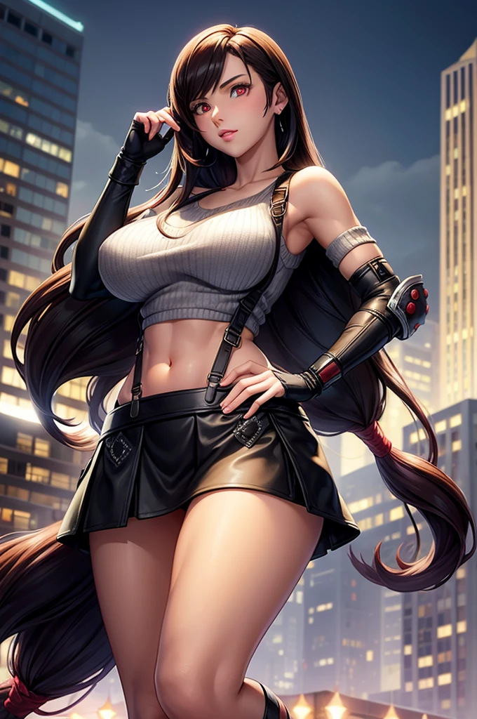 perfect eyes:1.2, detailed eyes:1.4, serious, hand on hip, night, city, metTifa, red eyes, large breasts, low-tied long hair, earrings, cropped sweater, blue sweater, off-shoulder, short sleeves, suspender skirt, elbow gloves, armored legwear, medium full shot, thigh-level shot, 1girl,(masterpiece:1.6, best quality),
