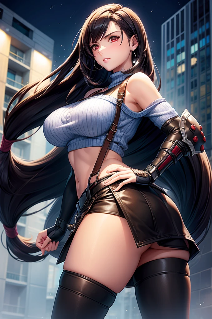 perfect eyes:1.2, detailed eyes:1.4, serious, hand on hip, night, city, metTifa, red eyes, large breasts, low-tied long hair, earrings, cropped sweater, blue sweater, off-shoulder, short sleeves, suspender skirt, elbow gloves, armored legwear, medium full shot, thigh-level shot, 1girl,(masterpiece:1.6, best quality),