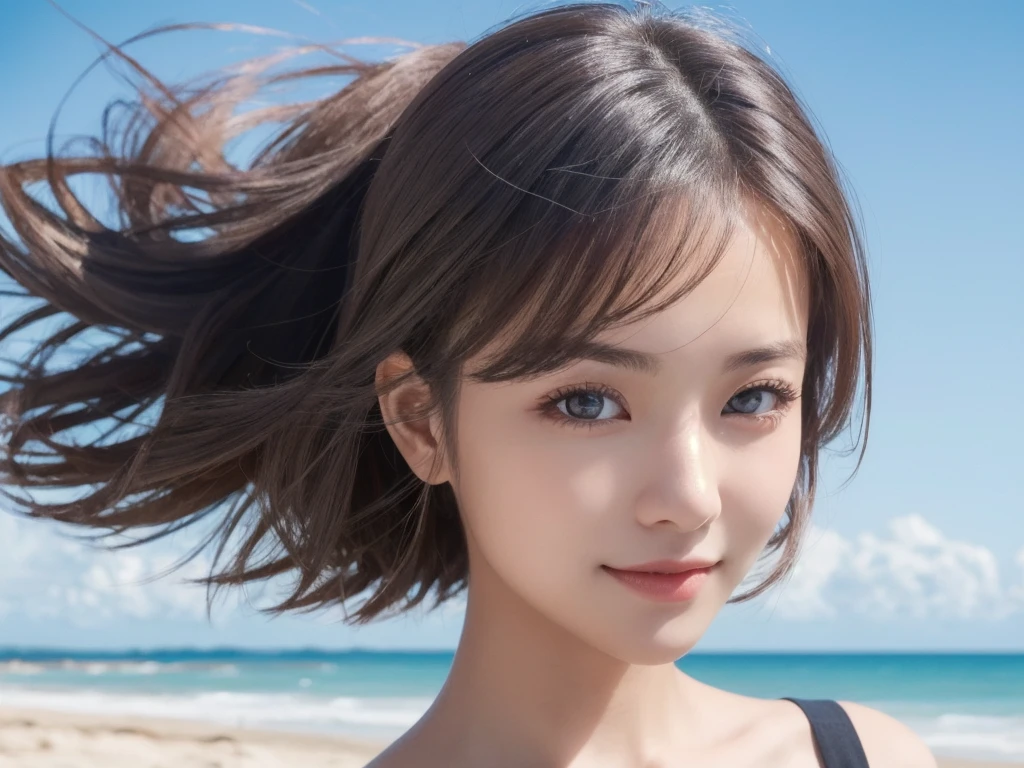 beach、Sandy Beach、blue sky、smile,1 girl, Big Boobs, (8K, RAW Photos, High sensitivity, Highest quality, masterpiece, Ultra High resolution, realism: 1.25), blush, (非常にdetailedなCGユニティ8K壁紙, Highest quality, High resolution: 1.2), (Ultra_detailed, 超High resolution: 1.2), Individuality, (1 girl: 1.4), (pretty girl: 1.2), Unreal Engine, Gray Hair, Perfect Face, Perfect body, Beautiful Eyes, Beautiful Face, (Light Skin: 1.4),Model Beauty,transparent,