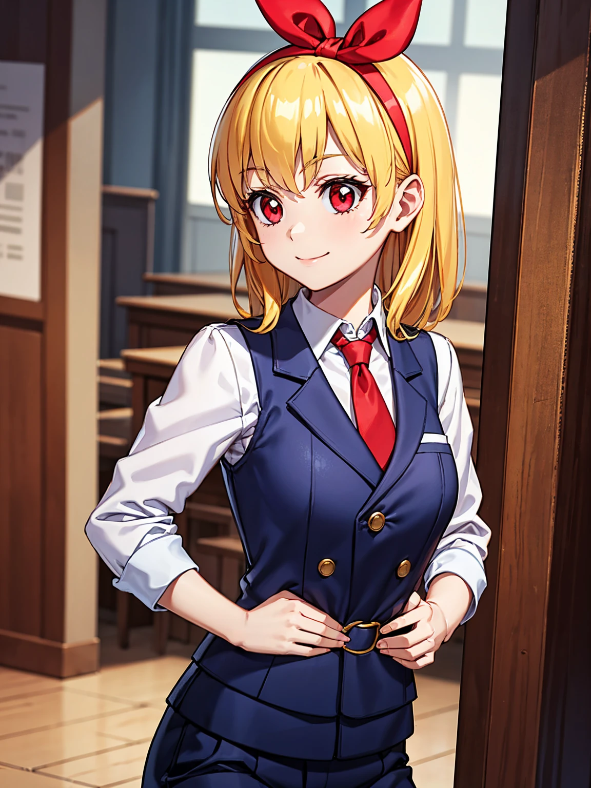 masterpiece, best quality, absurdres,
BREAK,
1 woman, RED eyes, solo, mediu_breasts,
{clear face,Ultra_Smile,HAPPY},
library:1.5, black slacks, black suits vest:1.5,
shiny blonde hair with straight collar,
(RED Ribbon on HAIRband:1.2),BREAK,
white collared shirt, sleeves rolled up:1.5,
BREAK,
red necktie,
{walking|sitting on chair|standing|squatting|hand in pocket|reclining|leaning forward|bent over| hand on own chin| facepalm| breast hold| crossed arms| hands on hips| interlocked fingers| hand on own cheek| head tilt| adjusting necktie| shushing},
{looking at viewer| looking away| looking back},
{ upper body| cowboy shot| feet out of frame |far from viewer | very close to viewers| wide shot}, {dynamic angle|dramatic angle|low angle|cinematic shot|from up side|intense angle|from side|from above| from below|upper body, cowboy shot,