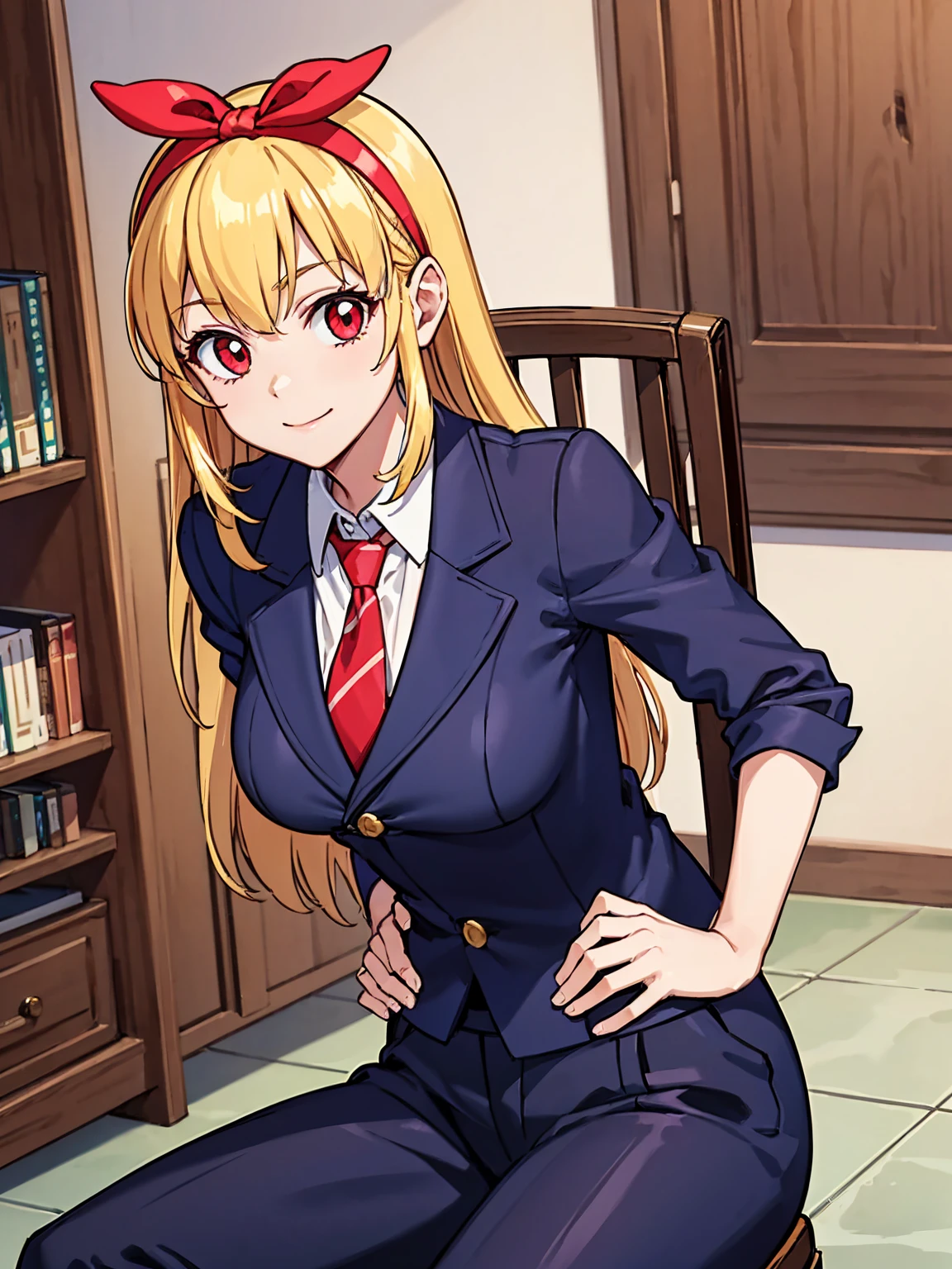 masterpiece, best quality, absurdres,
BREAK,
1 woman, RED eyes, solo, mediu_breasts,
{clear face,Ultra_Smile,HAPPY},
library:1.5, black slacks, black suits vest:1.5,
shiny blonde hair with straight collar,
(RED Ribbon on HAIRband:1.2),BREAK,
white collared shirt, sleeves rolled up:1.5,
BREAK,
red necktie,
{walking|sitting on chair|standing|squatting|hand in pocket|reclining|leaning forward|bent over| hand on own chin| facepalm| breast hold| crossed arms| hands on hips| interlocked fingers| hand on own cheek| head tilt| adjusting necktie| shushing},
{looking at viewer| looking away| looking back},
{ upper body| cowboy shot| feet out of frame |far from viewer | very close to viewers| wide shot}, {dynamic angle|dramatic angle|low angle|cinematic shot|from up side|intense angle|from side|from above| from below|upper body, cowboy shot,