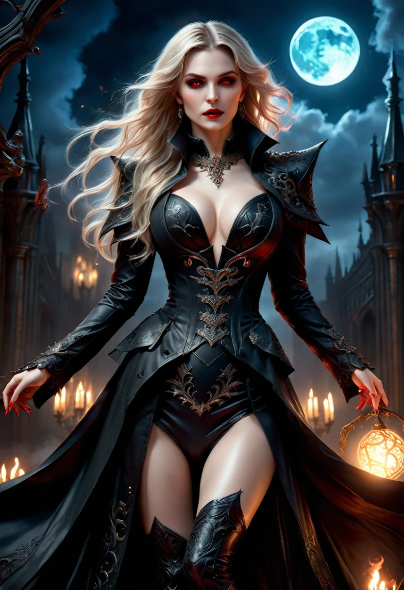 fantasy art, gothic art, (masterpiece:1.5), full body best details, highly detailed, best quality,  highres, full body portrait of a vampire, elf (Masterpiece, best quality: 1.6), ultra feminine, wizard, (intricate details, Masterpiece, best quality: 1.5) with a long curvy hair, blond hair, (red:1.3) eyes, (fantasy art, Masterpiece, best quality), ((beautiful delicate face)), Ultra Detailed Face (intricate details, fantasy art, Masterpiece, best quality: 1.5), ((vampiric fangs 1.5)) (wearing elegant glamour open black trench coat: 1.5) , flowing black trench coat (intricate details, fantasy art, Masterpiece, best quality: 1.5), wearing an intricate (black: 1.2) dress (intricate details, fantasy art, Masterpiece, best quality: 1.5), high heeled boots, urban background (intense details, beat details), fantasy, at night light, natural ,moon light, clouds, gothic atmosphere, soft light, dynamic light, [[anatomically correct]], high details, best quality, 8k, [ultra detailed], masterpiece, best quality, (extremely detailed), dynamic angle, drkfntasy