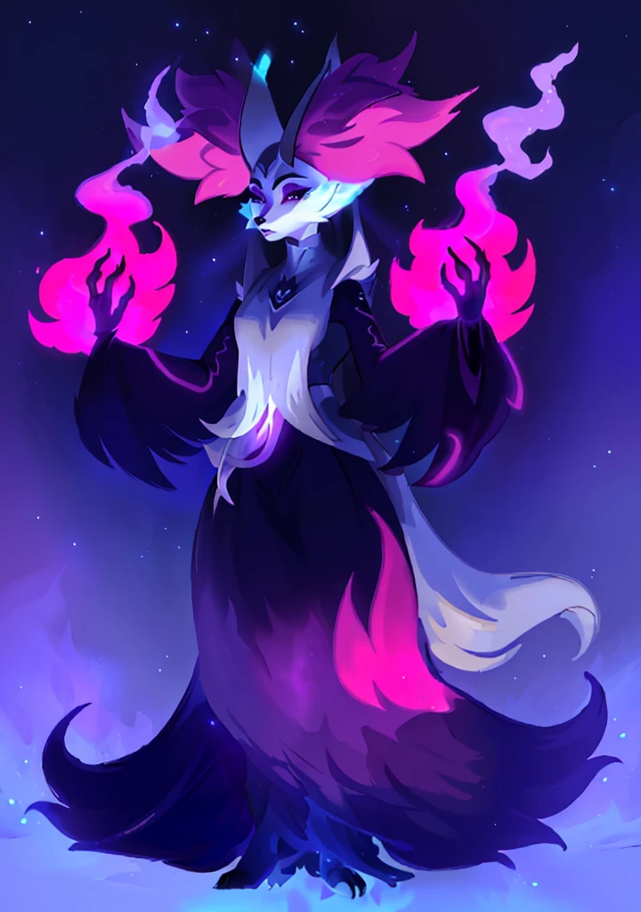 A closeup of a cartoon character with long hair, dark fox wizard, pira, Aura of darkness, painted in the arcane style, arcane art style, just kidding, full portrait of elementalist, /!\ the sorceress, Glowing black aura, dark sorceress full view, evil aura, sorceress, britney lee