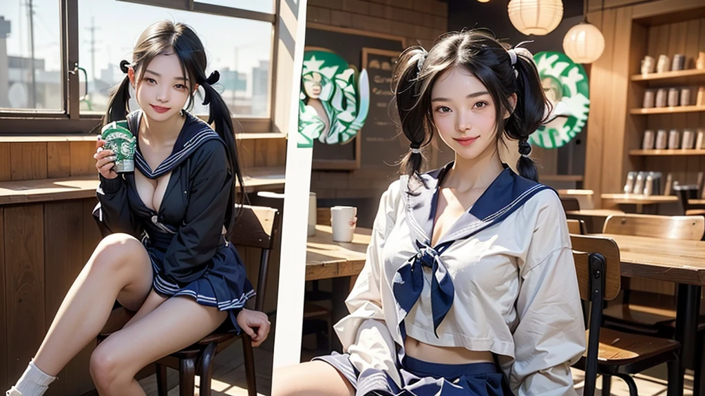 (masterpiece:1.2, Highest quality), (Realistic, photoRealistic:1.4), Beautiful illustrations,
View your viewers, avert your eyes, whole body,
1 Girl, Japanese, high school girl, (Long Hair:1.4), bLong Hair, (Twin tails:1.7), Large Breasts:0.8, White skin、Beautiful Hair, Beautiful Face, Beautiful attention to detail, Beautiful clavicle, Beautiful body, Beautiful breasts, Beautiful thighs, Beautiful feet,
(Beautiful views), , classroom, machine, Chair,
((cute , Long sleeve, Pleated skirt, Sailor collar, scarf)), White panties, shoes,
Sitting, Chairに座る,
(魅惑的なsmile, Embarrassing, Trembling),
(((((Inside the Starbucks store、16 year old girl in sailor suit)))))、((((Eat cake、Drink coffee、smile))))、Heart Necklace、
((((Emphasize cleavage))))
(whole body写真)