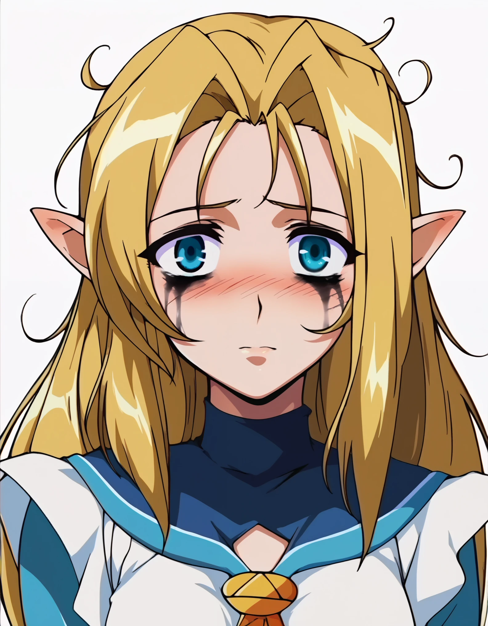 score_9, score_8_up, score_7_up, score_6_up, BREAK, source_cartoon, source_anime, 1girl, bakaradrunk, blonde hair, long hair, blue eyes, pointy ears, bags under eyes, blush, messy hair, runny makeup, upper body, looking at viewer, solo, simple background, white background