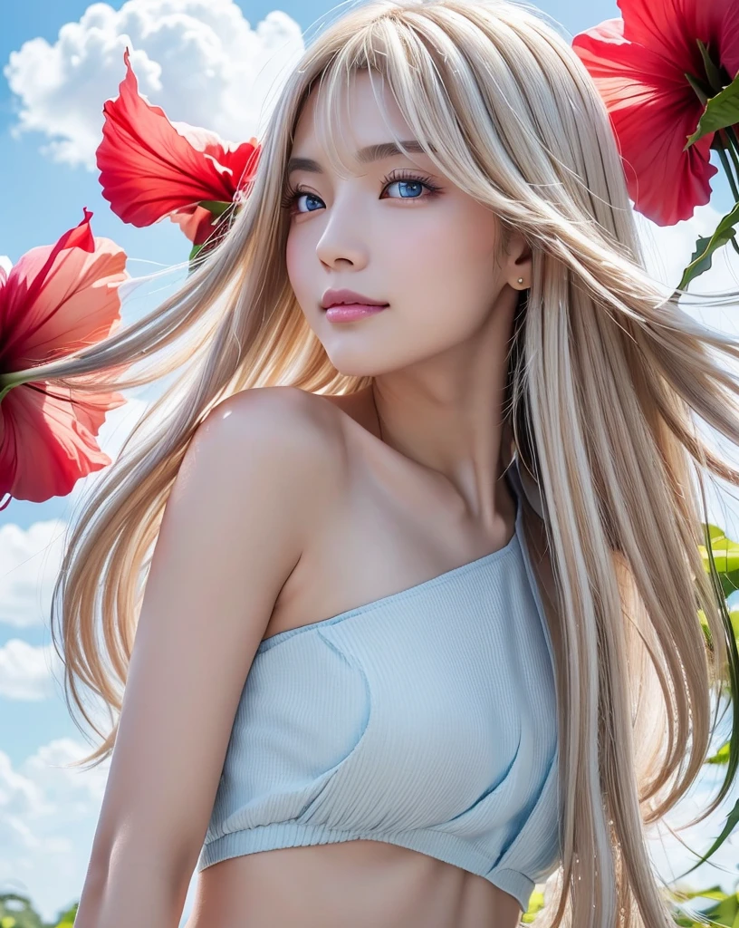 (Highest quality, 32k, High resolution, Masterpiece:1.5, ), marimo_jet, god々A photograph with brilliant dazzling and healing power., Evoking a sense of calm and elusive beauty, Expressing emotions, Have a rich imagination,Beautiful Japanese Girls, An exceptionally beautiful face, ((Whole body from the side:1.5)), Small Face Beauty, Perfect Human ???????, Magical big eyes, Motherhood and generosity, Deep Love, ((A fleeting smile:1.1)), ((Shiny ash beige hair:1.4)), Super Long Straight Silk Hair, Asymmetrical bangs, Hair between the eyes, Transparent, soft white skin, Sharp eyebrows, Thin lashes, Natural Makeup, Cheek highlighter, Pale pink detailed lips, ((Light blue inner camisole:1.3)), High resolutionの完璧な鎖骨, High resolutionの美しい胸元, Slim figure with ample breasts, High resolutionの美しい太もも, ((Detailed blue sky and clouds in summer:1.2)), ((Beautiful Hibiscus:1.3)), Professional Lighting, Professional photographer, Professional models, god秘的