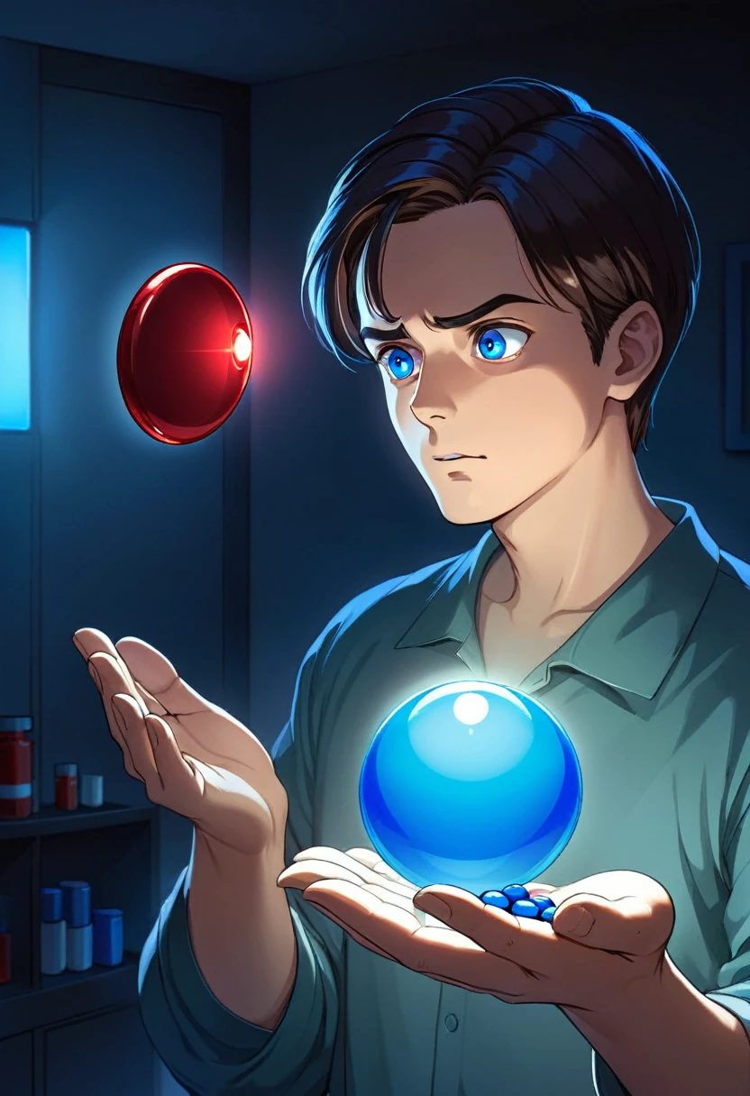 A man is standing, holding two pills in his outstretched hands. On the left, he holds a bright blue pill, glistening in the light. On the right, he holds an intense red pill, which seems to emit a soft glow. He is staring at the pills, with an indecisive and thoughtful expression on his face. In the background, the environment is neutral, suggesting an empty space or a room without significant details.