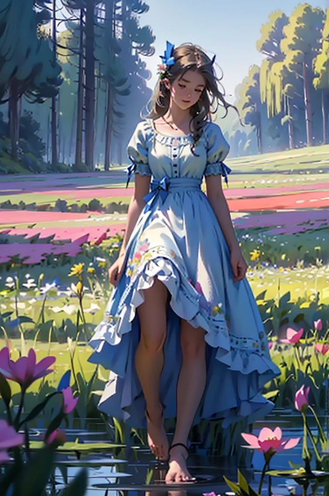 alice in the wonderland, (A bow on the head:1.1), Upper body,There is a girl standing in a flower field looking up at the sky, A girl standing in a flower field, A girl walks in a flower field, Get lost in a fantastic wonderland, standing in flower field, dreamlike digital painting, The sky is gradually clearing, The starry sky gradually receded,(Monet, Impresionismo, Oil painting), Barefoot,Barefoot,04