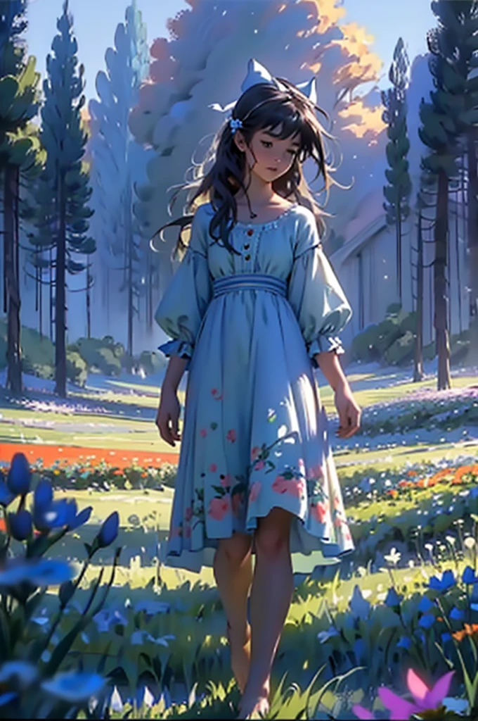 alice in the wonderland, (A bow on the head:1.1), Upper body,There is a girl standing in a flower field looking up at the sky, A girl standing in a flower field, A girl walks in a flower field, Get lost in a fantastic wonderland, standing in flower field, dreamlike digital painting, The sky is gradually clearing, The starry sky gradually receded,(Monet, Impresionismo, Oil painting), Barefoot,Barefoot,04