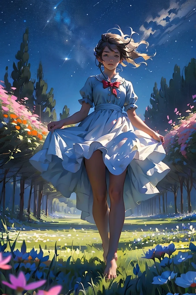 alice in the wonderland, (A bow on the head:1.1), Upper body，There is a girl standing in a flower field looking up at the sky, A girl standing in a flower field, A girl walks in a flower field, Get lost in a fantastic wonderland, standing in flower field, dreamlike digital painting, The sky is gradually clearing, The starry sky gradually receded，(Monet, Impresionismo, Oil painting), Barefoot，Barefoot，04