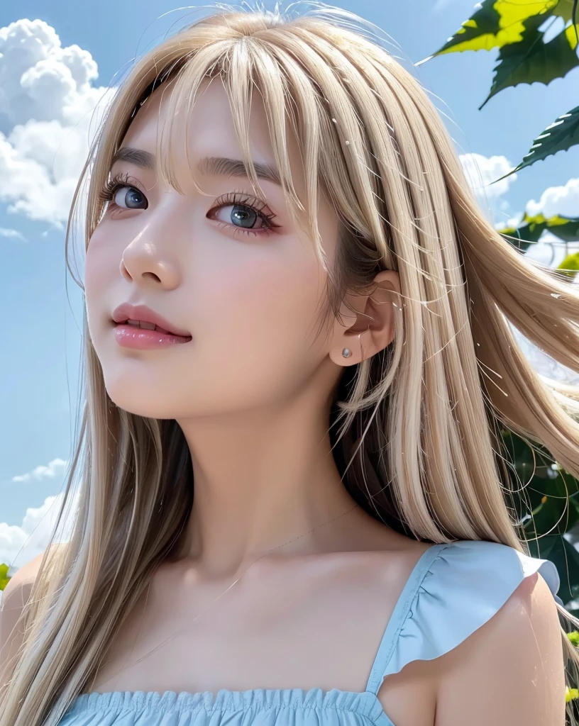 (Highest quality, 32k, High resolution, Masterpiece:1.5, ), marimo_jet, god々A photograph with brilliant dazzling and healing power., Evoking a sense of calm and elusive beauty, Expressing emotions, Have a rich imagination,Beautiful Japanese Girls, An exceptionally beautiful face, ((Whole body from the side:1.3)), Small Face Beauty, Perfect Human ???????, Magical big eyes, Motherhood and generosity, Deep Love, ((A fleeting smile:1.1)), ((Shiny ash beige hair:1.4)), Super Long Straight Silk Hair, Asymmetrical bangs, Hair between the eyes, Transparent, soft white skin, Sharp eyebrows, Thin lashes, Natural Makeup, Cheek highlighter, Pale pink detailed lips, ((Light blue inner camisole:1.3)), High resolutionの完璧な鎖骨, High resolutionの美しい胸元, Slim figure with ample breasts, High resolutionの美しい太もも, ((Detailed blue sky and clouds in summer:1.2)), ((Beautiful Hibiscus:1.3)), Professional Lighting, Professional photographer, Professional models, god秘的
