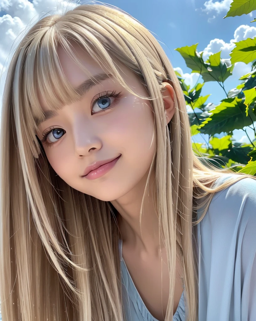 (Highest quality, 32k, High resolution, Masterpiece:1.5, ), marimo_jet, god々A photograph with brilliant dazzling and healing power., Evoking a sense of calm and elusive beauty, Expressing emotions, Have a rich imagination,Beautiful Japanese Girls, An exceptionally beautiful face, ((Whole body from the side:1.3)), Small Face Beauty, Perfect Human Anatomy, Magical big eyes, Motherhood and generosity, Deep Love, ((A fleeting smile:1.1)), ((Shiny ash beige hair:1.4)), Super Long Straight Silk Hair, Asymmetrical bangs, Hair between the eyes, Transparent, soft white skin, Sharp eyebrows, Thin lashes, Natural Makeup, Cheek highlighter, Pale pink detailed lips, ((Light blue inner camisole:1.3)), High resolutionの完璧な鎖骨, High resolutionの美しい胸元, Slim figure with ample breasts, High resolutionの美しい太もも, ((Detailed blue sky and clouds in summer:1.2)), ((Beautiful Hibiscus:1.3)), Professional Lighting, Professional photographer, Professional models, god秘的