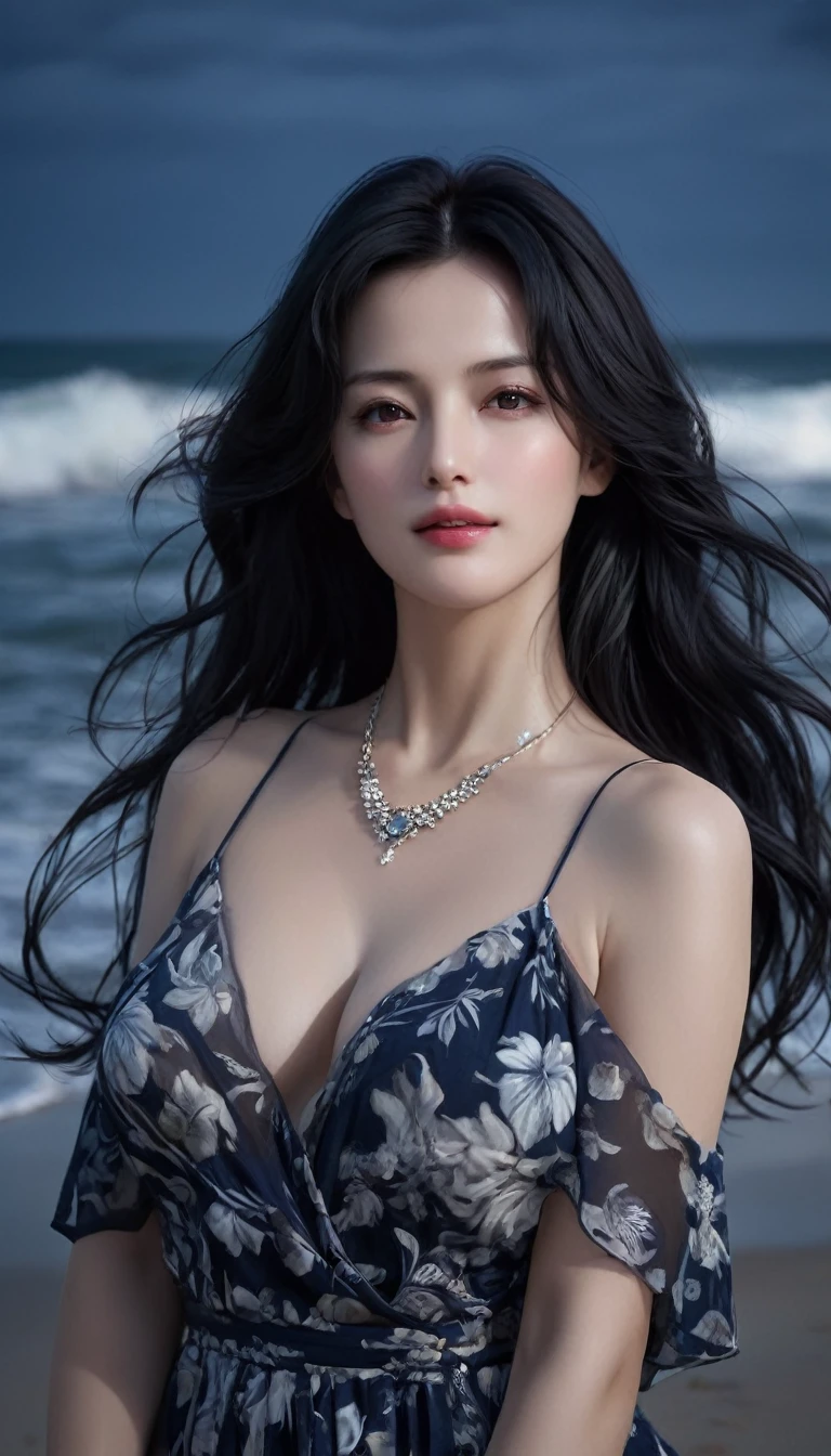 4K resolution,8K resolution,beautiful,Highest quality,Absolutely wonderful,Very detailed,Ultra-high resolution,masterpiece,Realistic,Realistic,Increased depth of field,Cinematic Light,
One elegant mature woman,
Long black hair,精巧なディテールのbeautiful顔,Moist eyes,Sensual look,Transparent white skin,Very sensitive skin,Great proportions,Glamorous Body,Anatomically correct body,
Elegant Summer Beach Dress,Summery design,Beautifully detailed pattern,Detailed cloth texture,Gorgeous necklace romantic seaside scenery,Dark night sky,Coastline stretching to the horizon,Deserted beach,Dark sea surface,
Cinematic Angle,